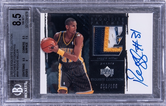 2003-04 UD "Exquisite Collection" Patches Autographs #RM Reggie Miller Signed Game Used Patch Card (#050/100) - BGS NM-MT+ 8.5/BGS 10